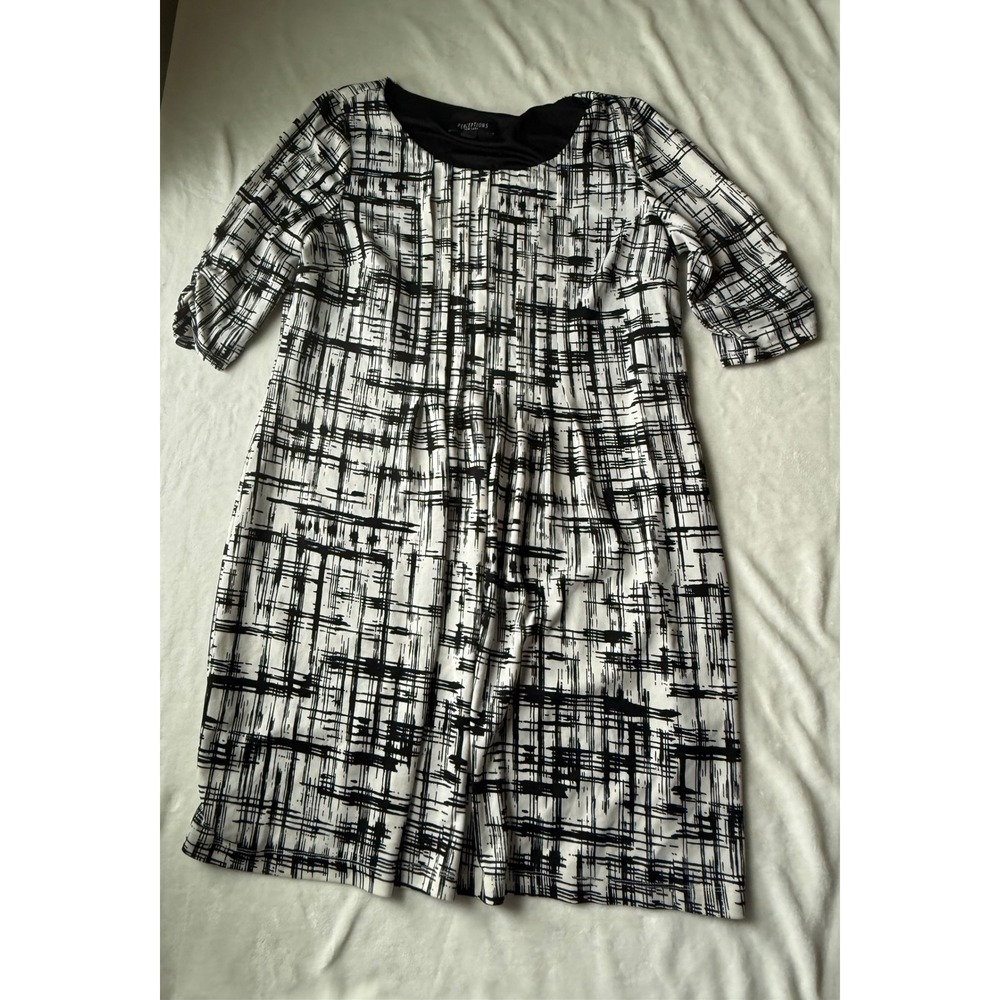 Perceptions NY Black & White Abstract Dress Pleats 3/4 Sleeve Women's Size XL